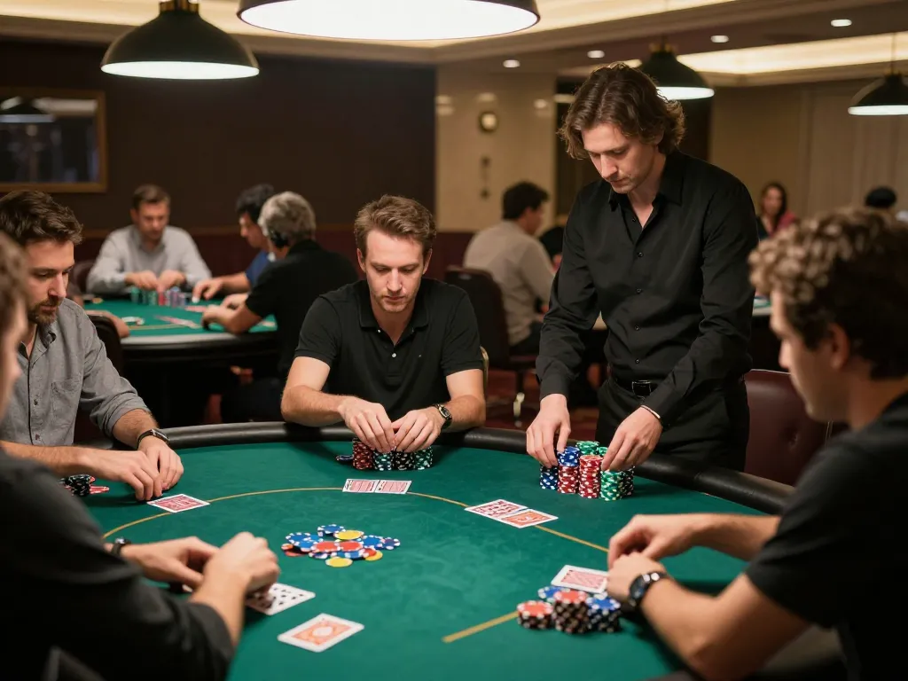 Players engaged in a high-stakes game of poker at MM88 casino, showcasing focused gameplay and vibrant chips.