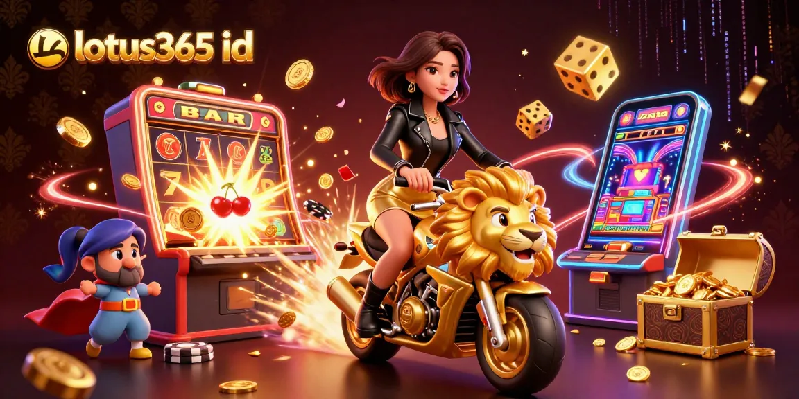 Engage in thrilling gameplay with lotus365 id, featuring a glamorous Asian woman on a golden lion amidst jackpot excitement.