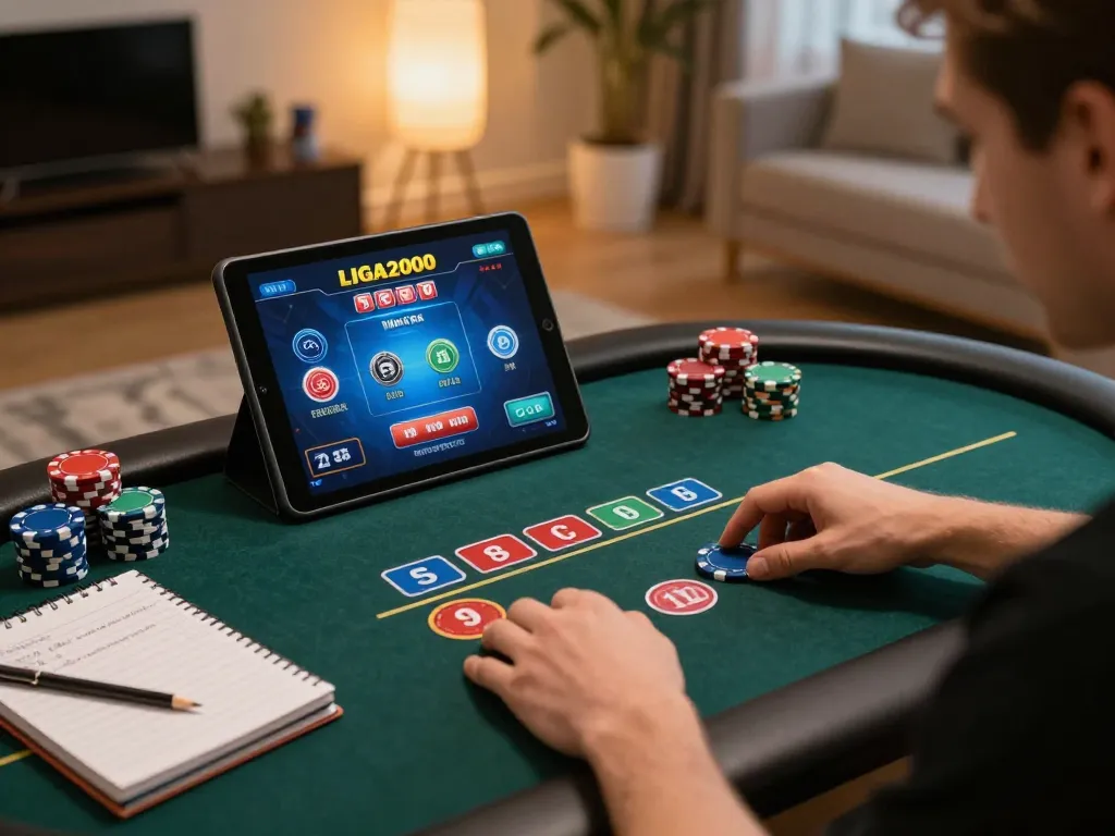 LIGA2000 online gaming session highlighting strategic poker gameplay and personal betting notes.