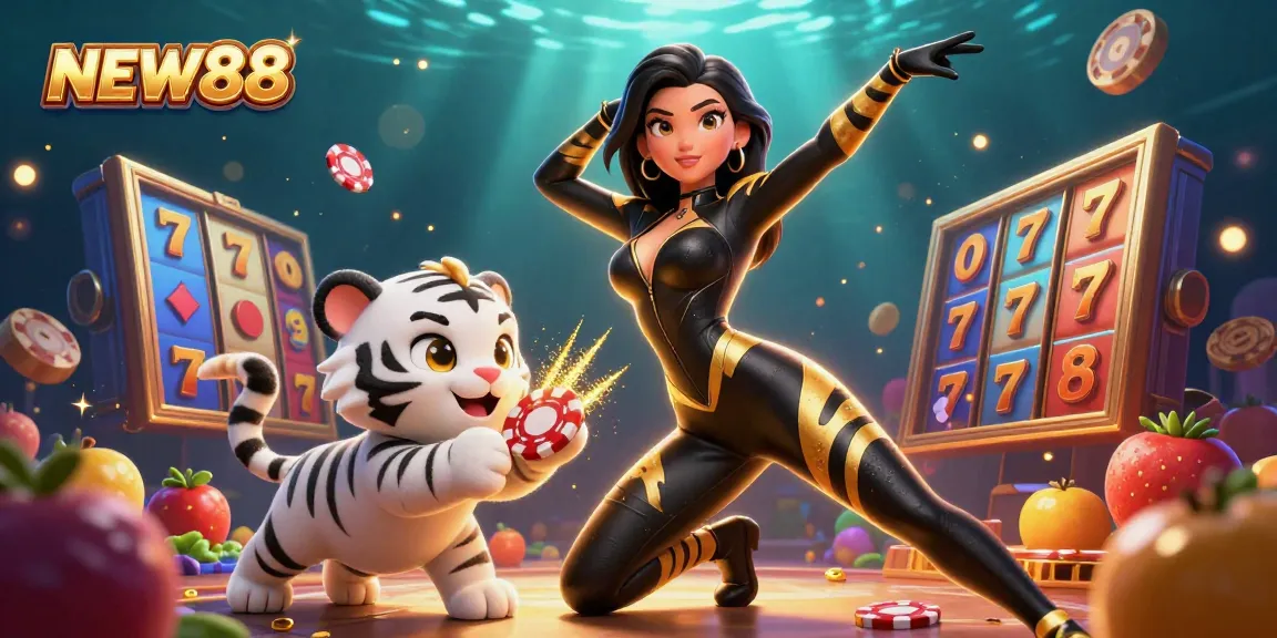 Engage with NEW88's vibrant 3D scene featuring a dynamic woman with a baby tiger amidst colorful slot machines.
