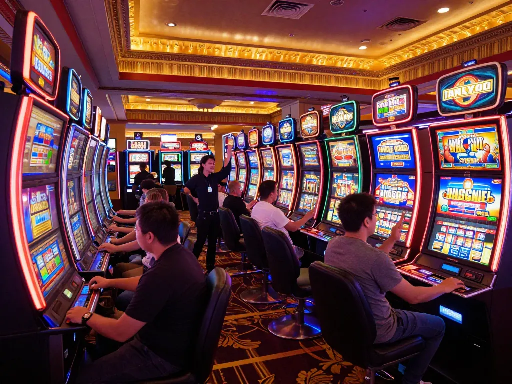 Players spinning the reels on popular slot machines at a vibrant casino floor during peak hours with Q88 excitement.