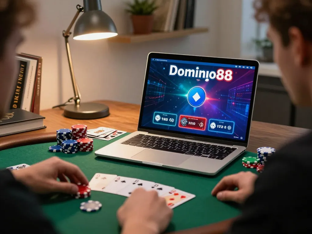 Playing poker on Domino88's platform with vibrant chips and cards in a stylish home office.