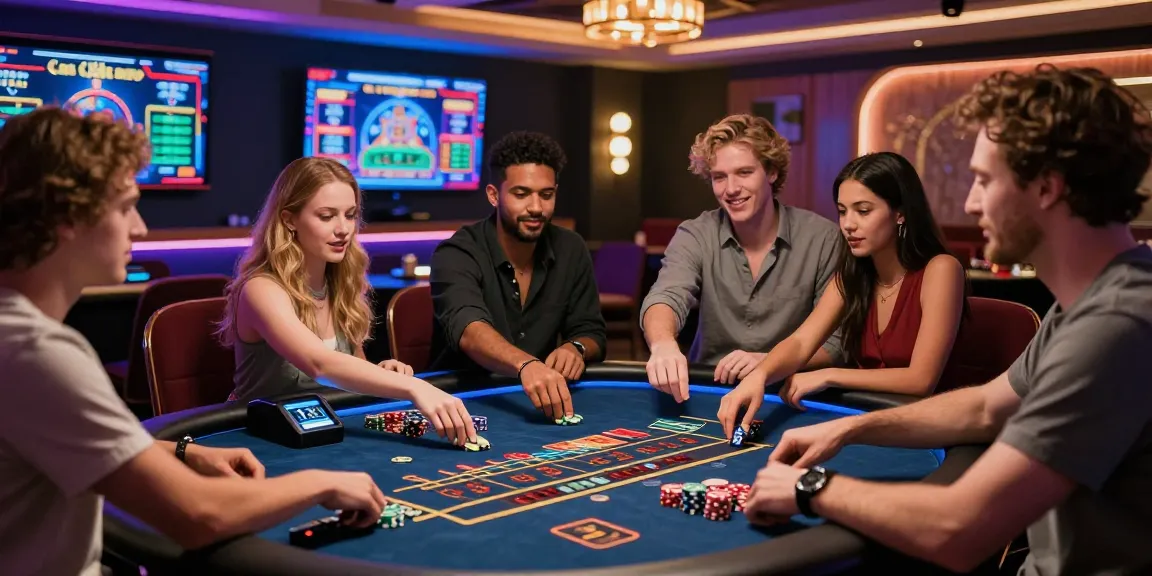 Engaging scene of players enjoying credit card casinos in a lively atmosphere with a friendly dealer and vibrant lighting.