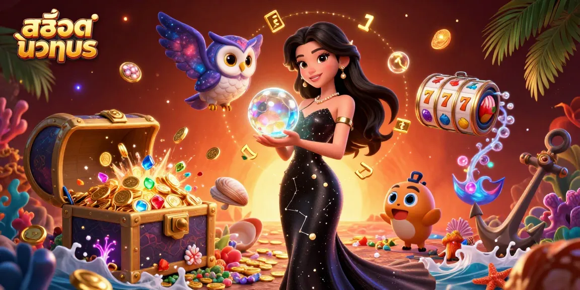 Engage in สล็อตทดลอง with a captivating illustration of a mystical woman and owl amidst vibrant casino elements.