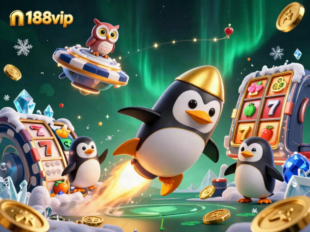 Experience the excitement of n188vip as a golden penguin heads towards a vibrant casino space station.