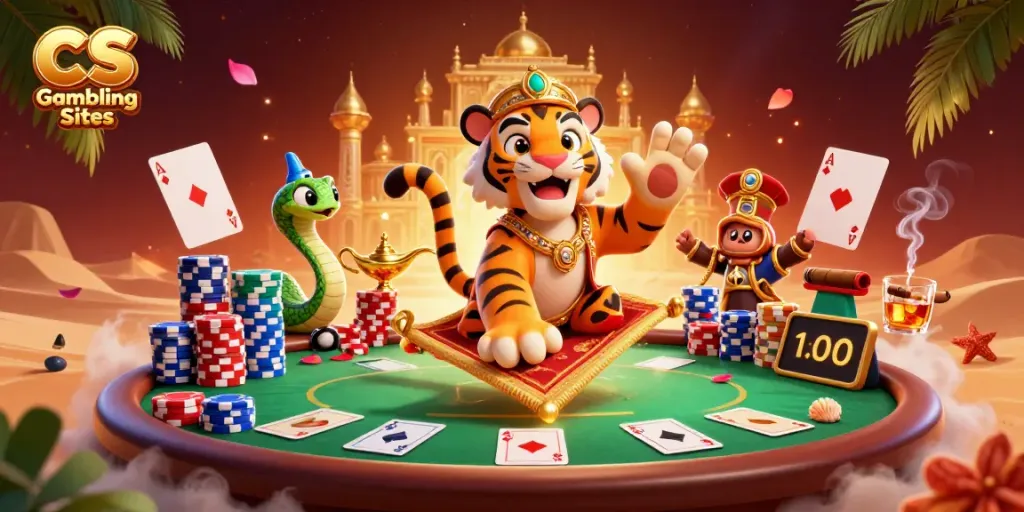 3D cartoon scene of CS Gambling Sites with a tiger sultan, poker elements, and gold palace background.