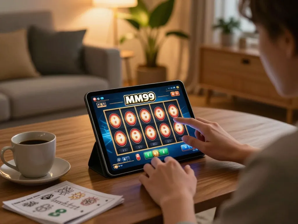 Engaged player spinning MM99 Slot on a tablet in a cozy home setting, demonstrating online gaming