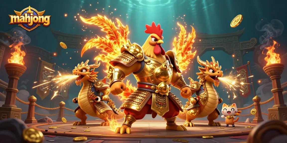 Engage in thrilling mahjong action with a dynamic fighting rooster and dragon in a vibrant gambling arena.