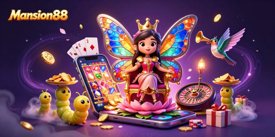 Mansion88 welcomes players with a vibrant scene of animated characters in a rich casino environment, showcasing dynamic gaming elements.
