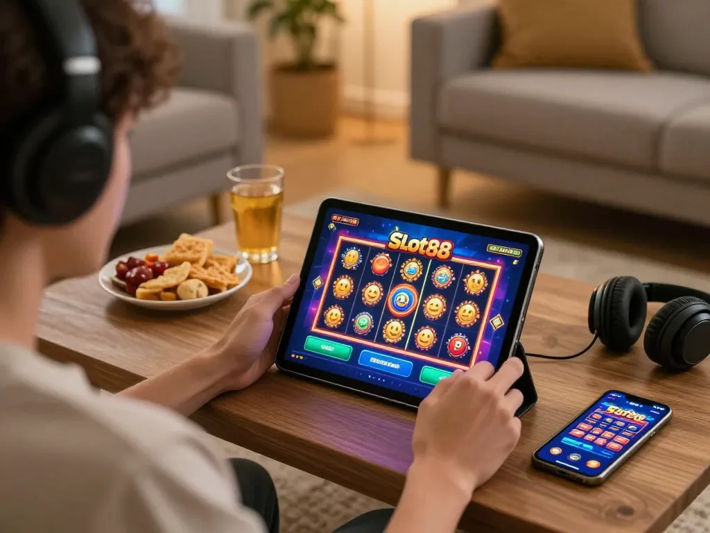Engaged player spinning reels on Slot88 in cozy home setting during online gaming session.