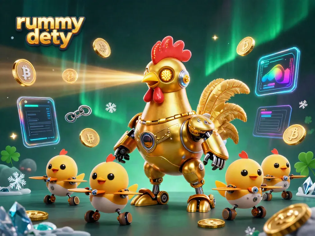 Rummy Deity menang dengan robot ayam yang bersinar dan drone, dikelilingi koin kripto.