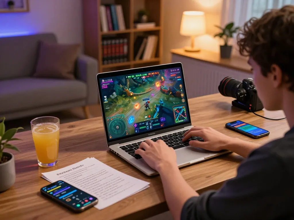 Leci123 online gaming session with a player focused on their laptop in a cozy home setup.