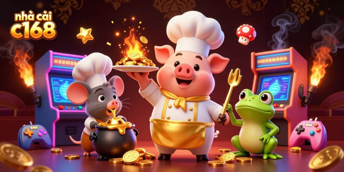 Experience the thrill of nhà cái c168 as a chef pig serves gold coins in a vibrant casino scene.