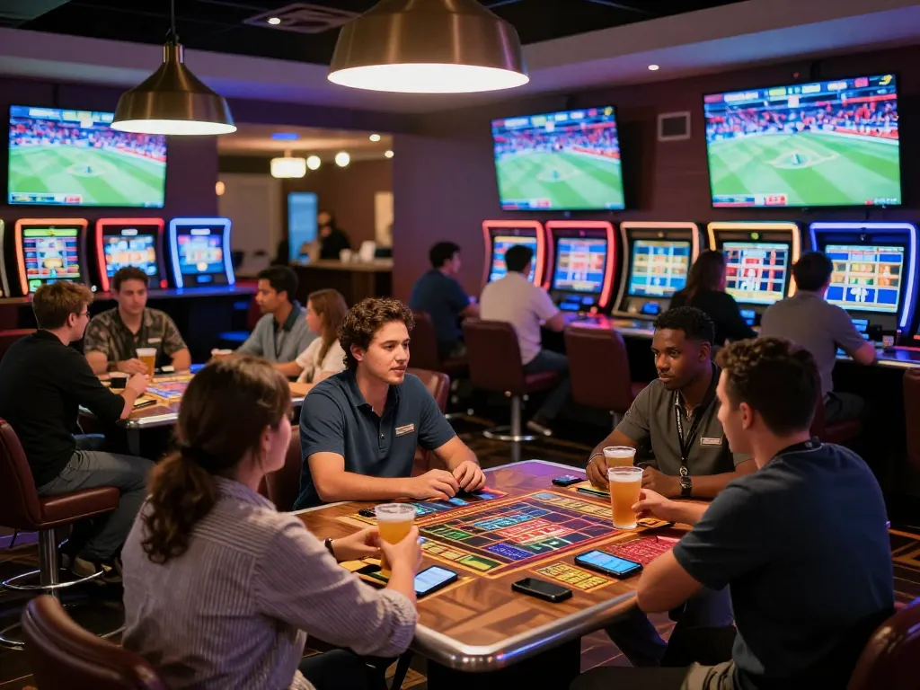 Engaged bettors in the dynamic god55 sports betting lounge analyzing live game odds