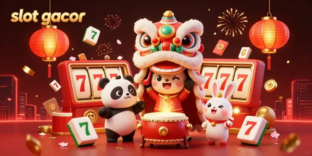 Engaging "slot gacor" casino illustration featuring vibrant characters, slot elements, and festive decorations.