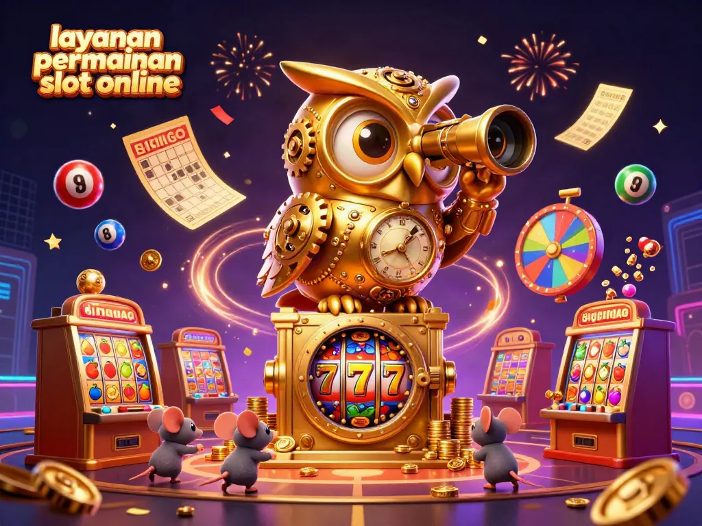 Gambarkan layanan permainan slot online dengan slot mesin, uang koin, dan karakter kartun dalam suasana kasino yang meriah.