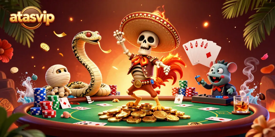 Join the vibrant world of atasvip with a lively 3D digital illustration showcasing a skeleton mariachi, a mummy snake, and a zombie DJ in a dynamic casino scene.
