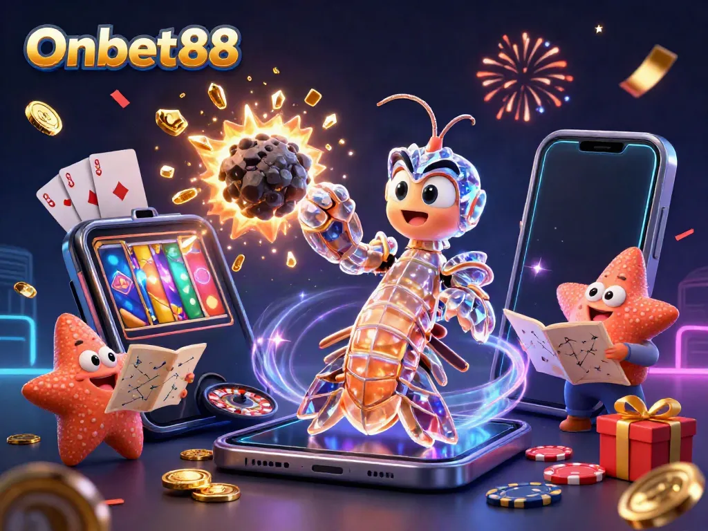 Engage with Onbet88, showcasing a vibrant 3D casino scene filled with gold coins and slot machines.
