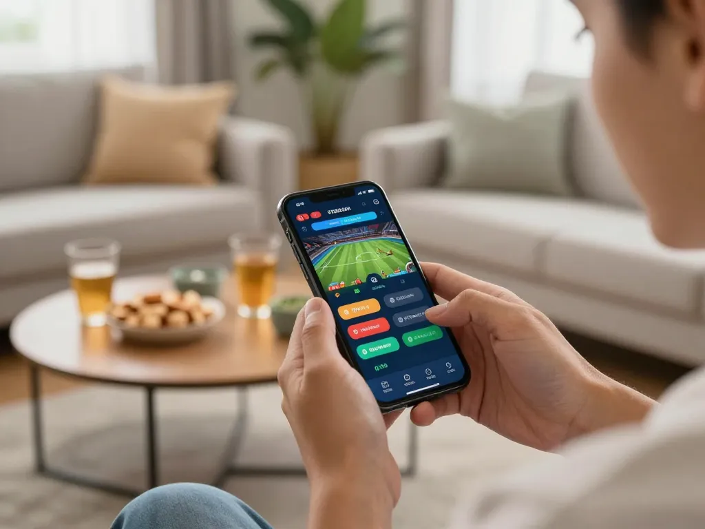 Exciting action of sports betting on smartphone showcasing m119 gaming strategies in a cozy setup