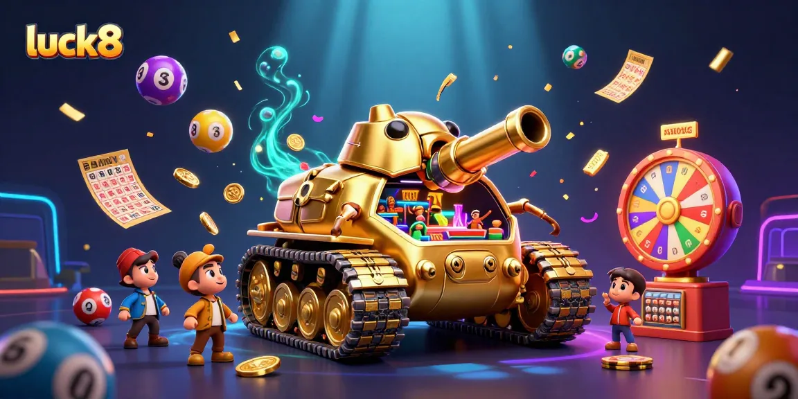 Experience the excitement of luck8 as golden tanks shoot coins, surrounded by vibrant lottery balls.