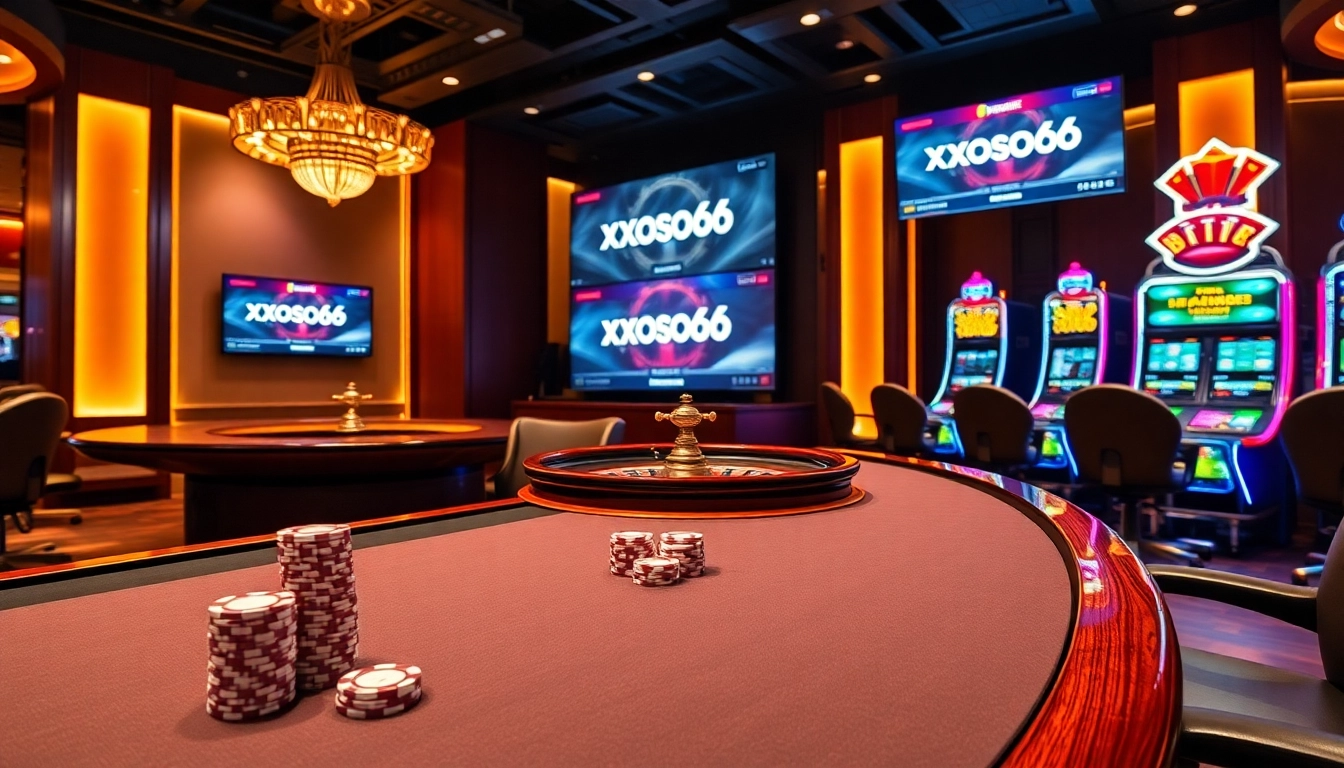 Xoso66 betting scene with vibrant casino atmosphere, showcasing a roulette wheel and poker chips.