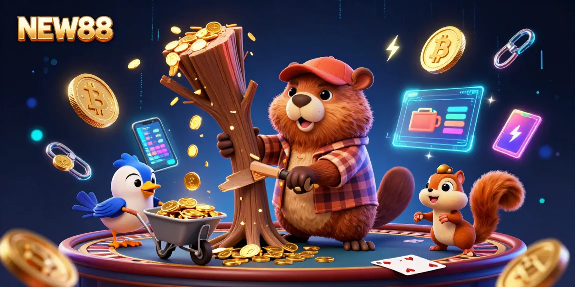 NEW88 casino scene with a beaver, bird, and squirrel surrounded by gambling elements