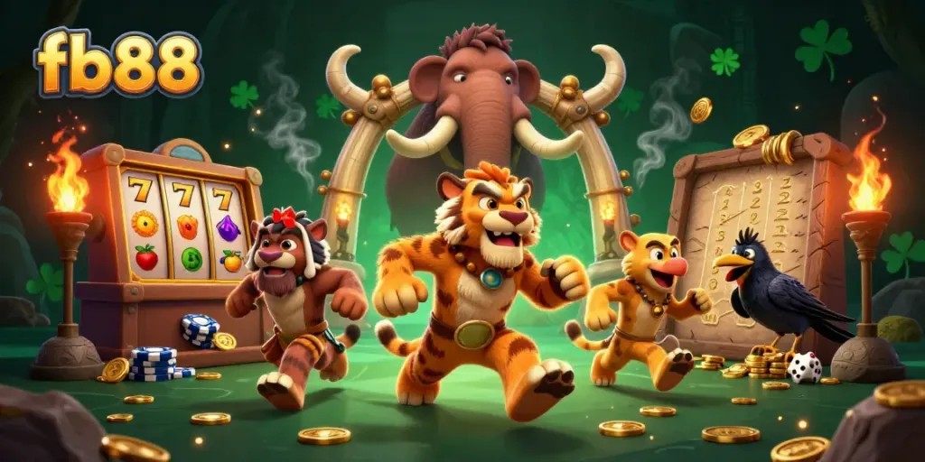 Experience fb88's thrilling casino action with a 3D caveman and sabertooth tiger duo.