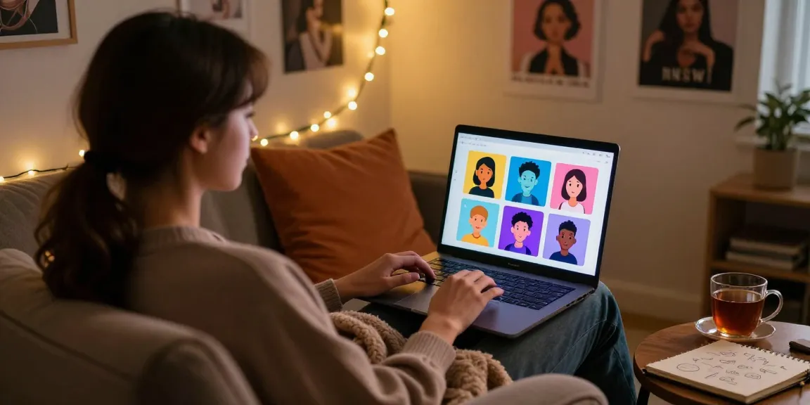 Engaging with NSFW chat bot on a laptop in a cozy room, featuring character avatars and warm atmosphere.