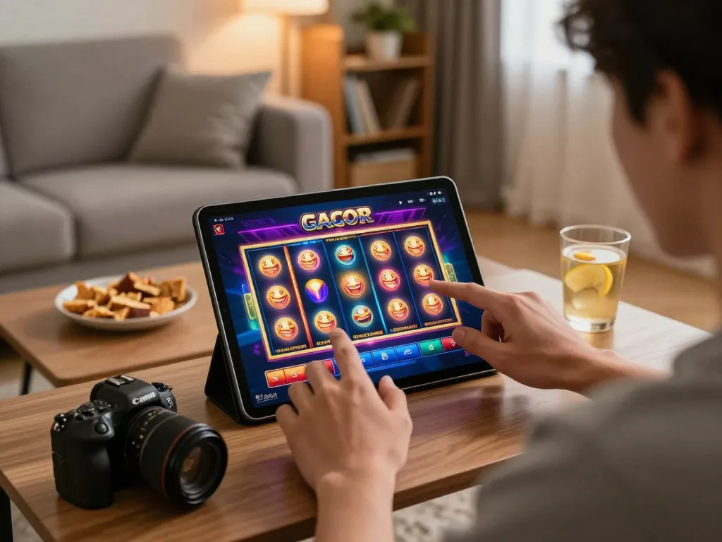 Engaging in slot gacor gameplay on a tablet, vibrant colors and animations create excitement.
