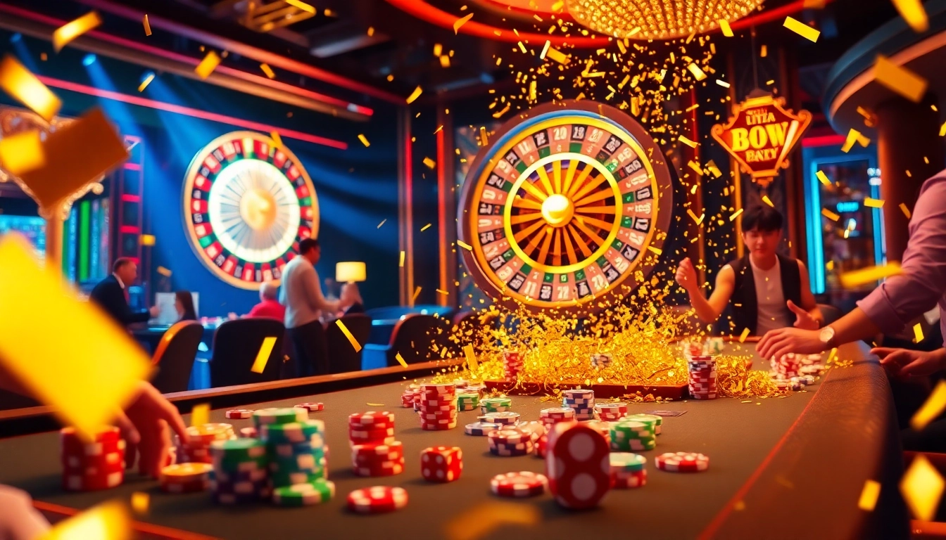 Celebrating wins at bro138's vibrant casino tables filled with poker chips and festive ambiance.