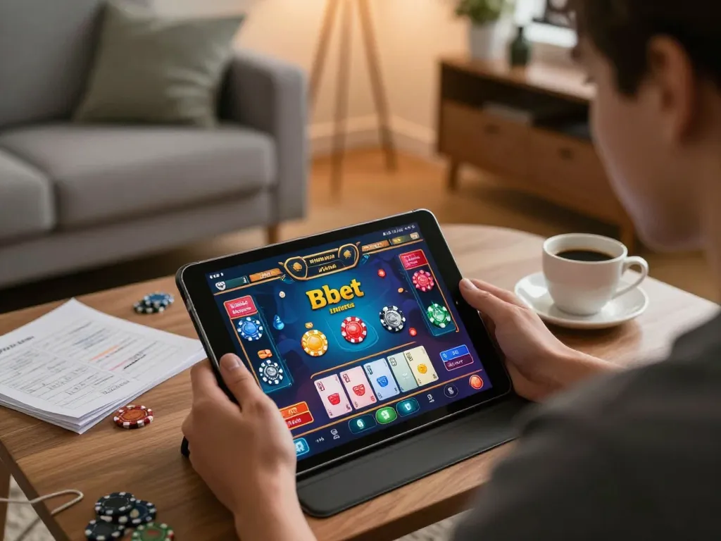 Bbet player strategizing during online gaming session in cozy home setting.