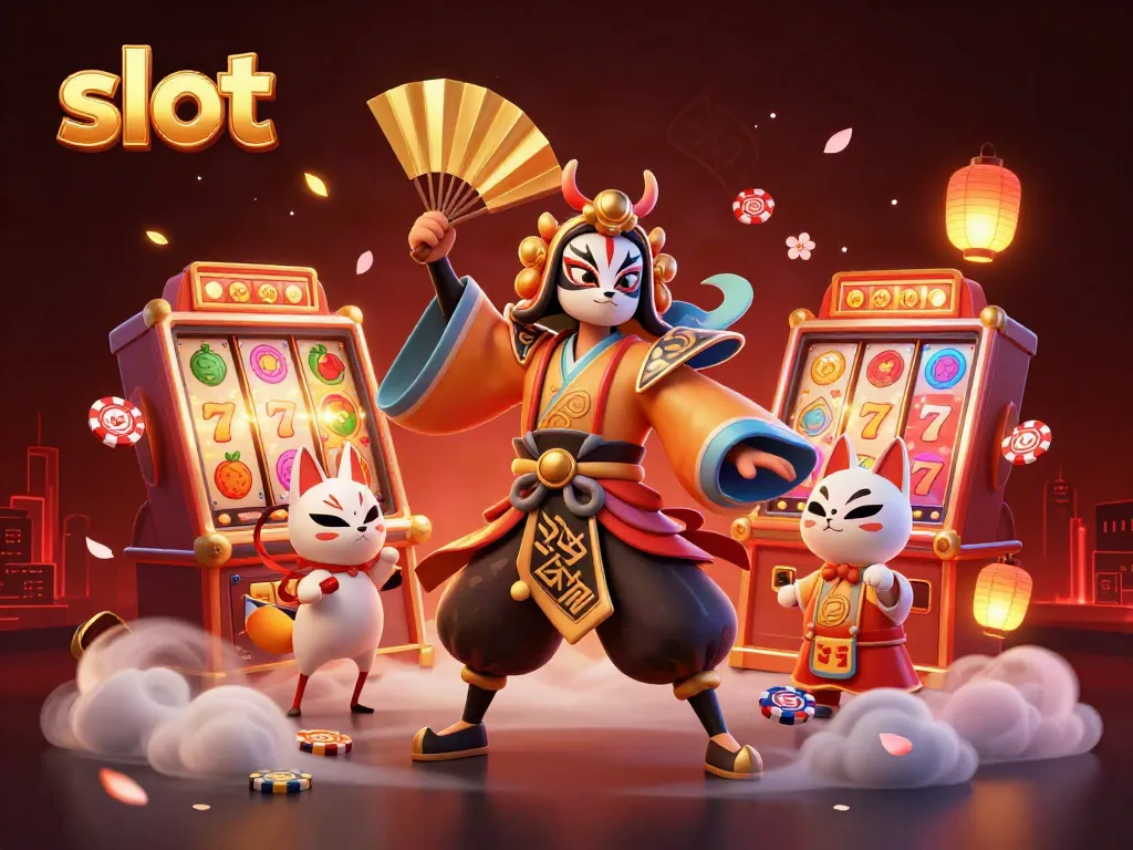 Mesin slot berputar dengan simbol buah, uang, dan kesempatan menang yang memukau dalam ilustrasi 3D.