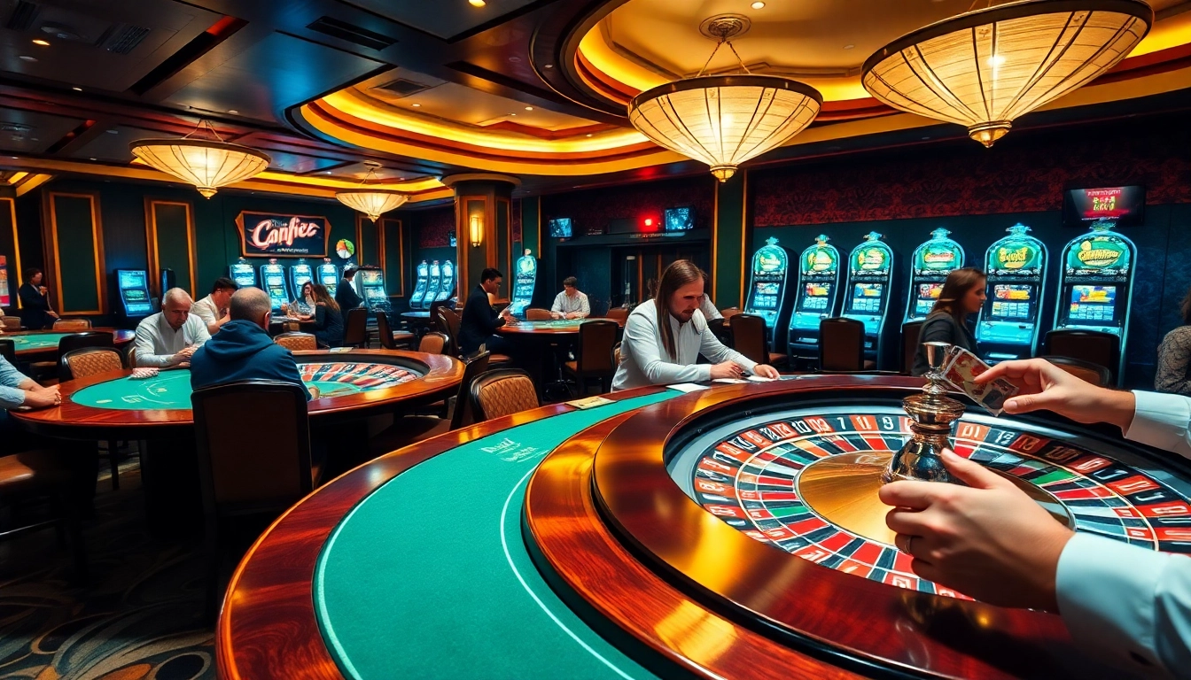 Experience thrilling gameplay at Haywin casino with poker tables, roulette wheels, and vibrant lighting.