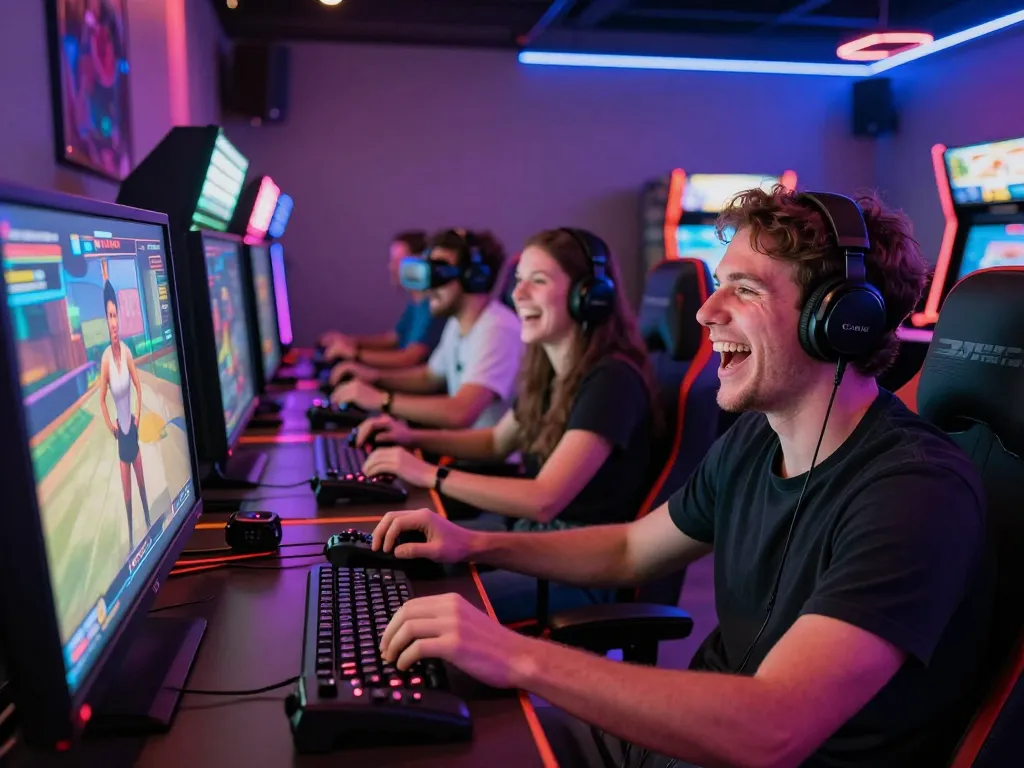 Play engaging porngame with friends in a vibrant arcade setting, showcasing interactive adult gaming experiences.
