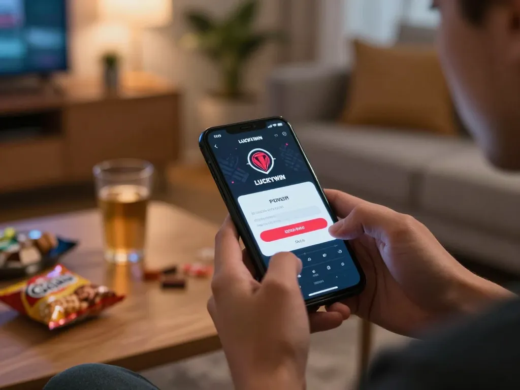 Logging into LUCKYWIN on a smartphone while enjoying a cozy gaming night at home.