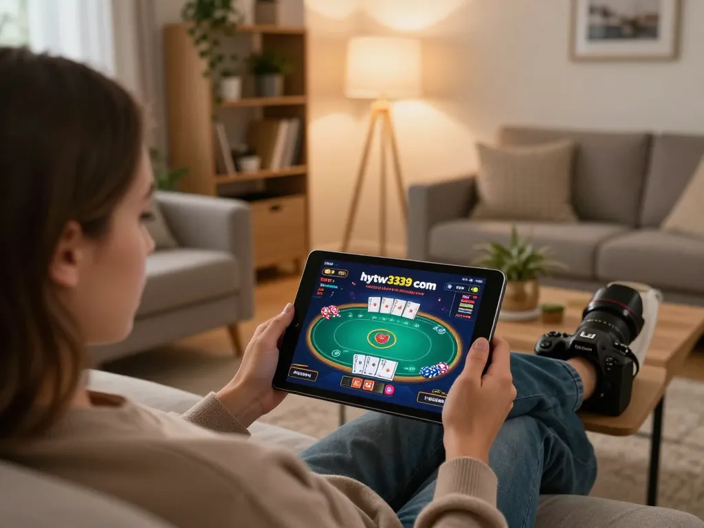 Engaging in online poker on hytw3339 com, showcasing immersive gaming experience with modern comforts