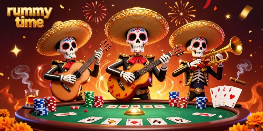 Play exciting rummy time online games and cash competitions with vibrant characters and casino elements.