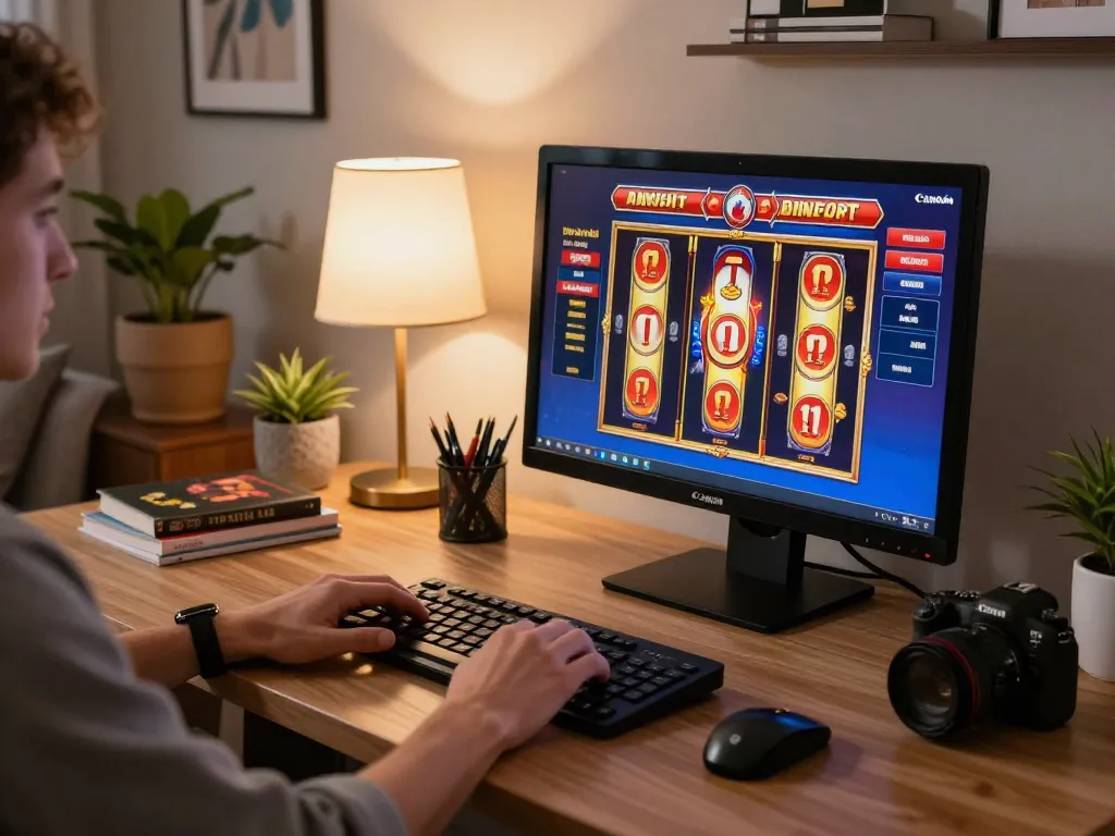 Player engaging with online casinos in Canada, spinning vibrant slots on a modern desktop setup.