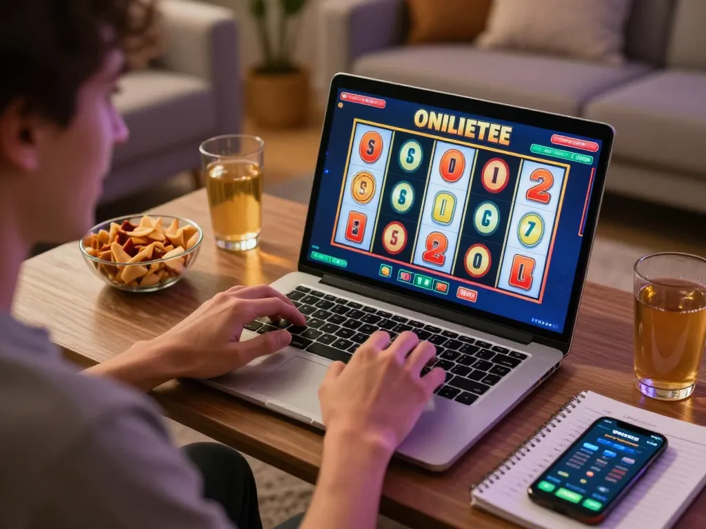 SpinAdvisor user enjoying online slots, showcasing vibrant gameplay and strategic notes