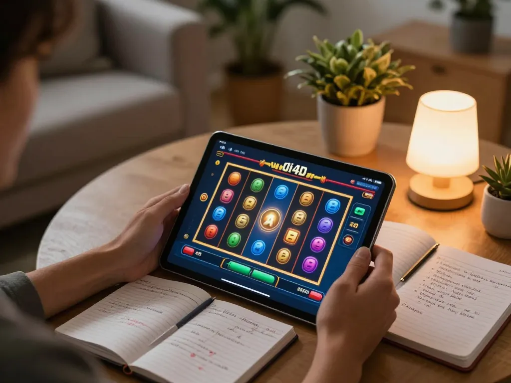 Engaging in the oli 4d slot game on a tablet during a cozy home gaming session, showcasing bright reels and betting strategies.