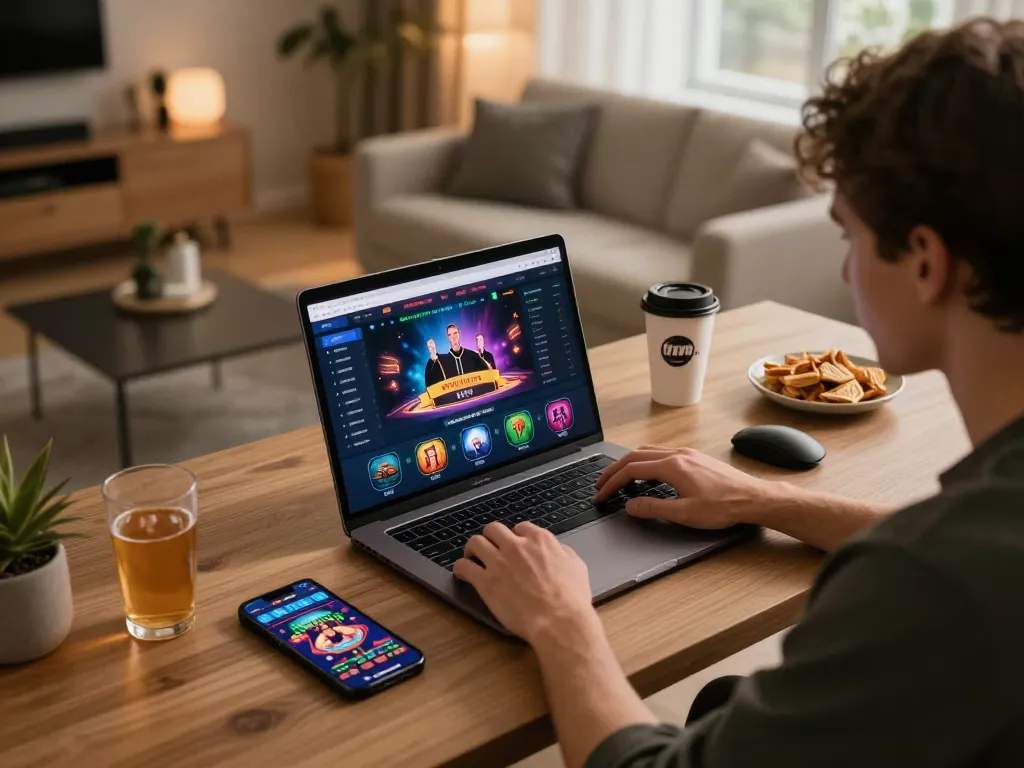 Engaging online gaming session showcasing 11win on a laptop with a stylish setup