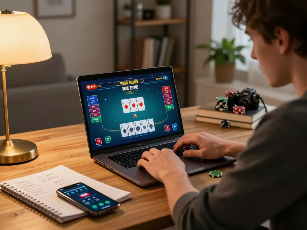 Player strategizing in Jilipinas online poker game from cozy home office with laptop and notes.