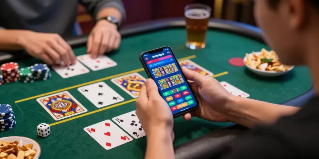 Pengalaman bermain ratutogel dengan smartphone dan peralatan judi di meja.