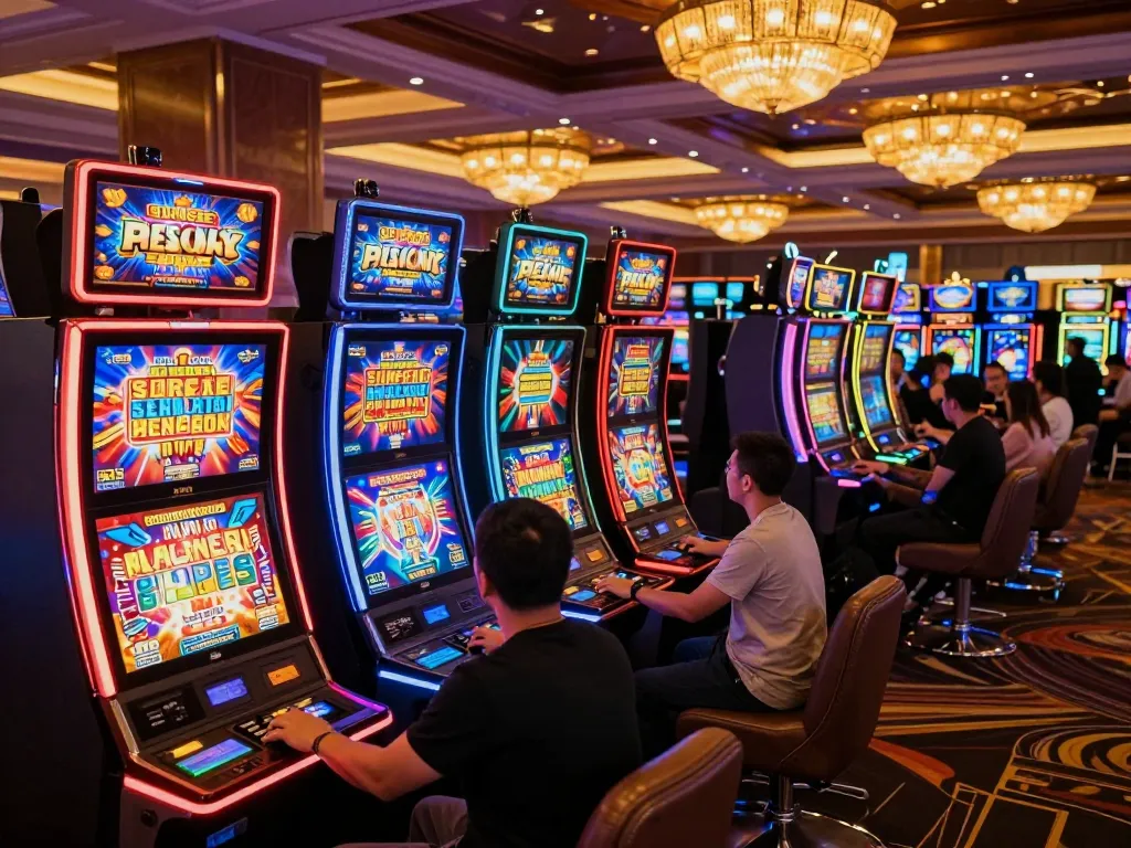 Pemain menikmati permainan slot yang cerah dengan mesin berwarna-warni dan gameplay yang menarik