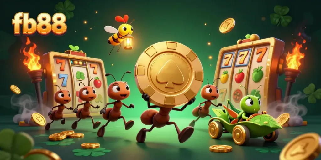 Engage with fb88's thrilling casino atmosphere featuring ants carrying a golden poker chip and exciting gaming elements.