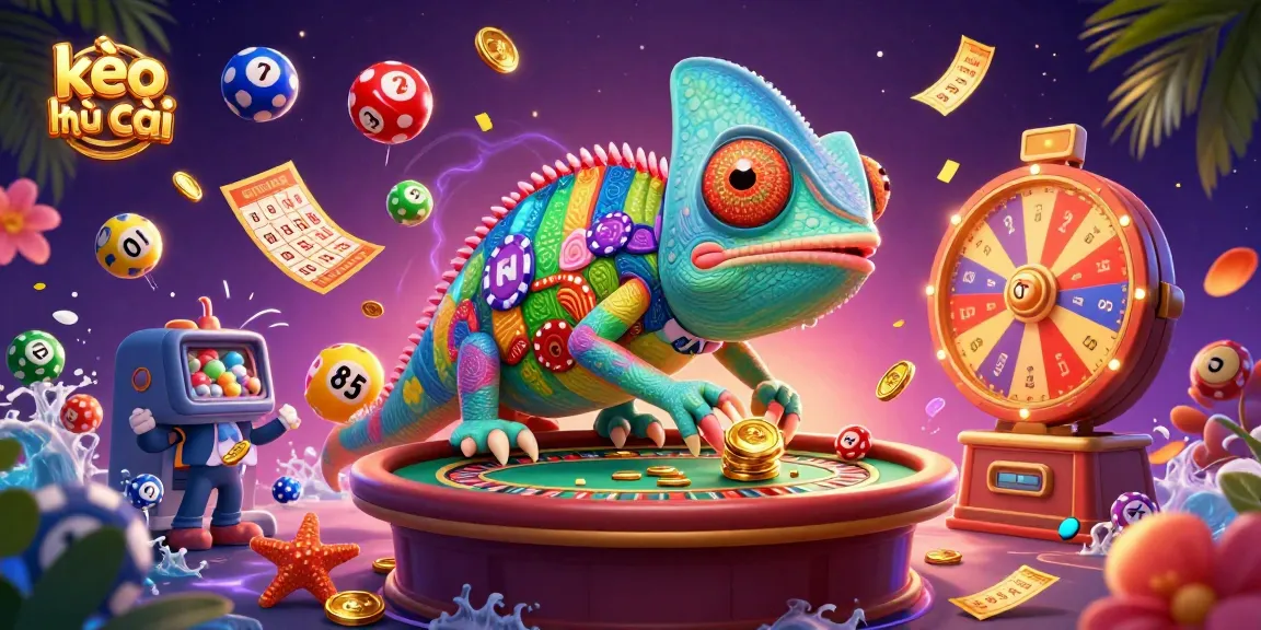 Engage with kèo nhà cái as colorful lottery balls bounce around an animated chameleon casino owner.
