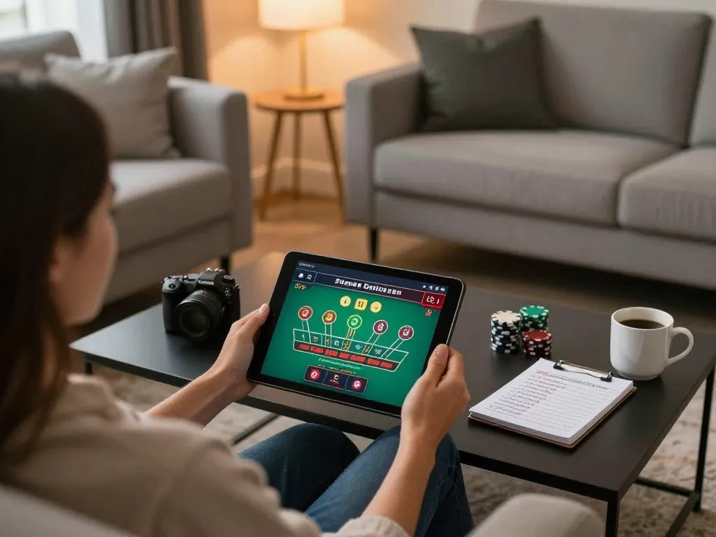 Player engaging with ATQ live dealer blackjack game on tablet in a cozy home setting.