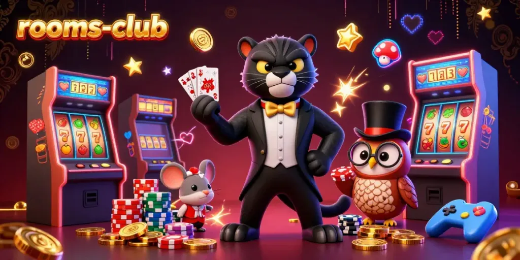 Ilustrasi kasino 3D dengan karakter panther, owl, dan mouse yang beraksi di rooms-club.