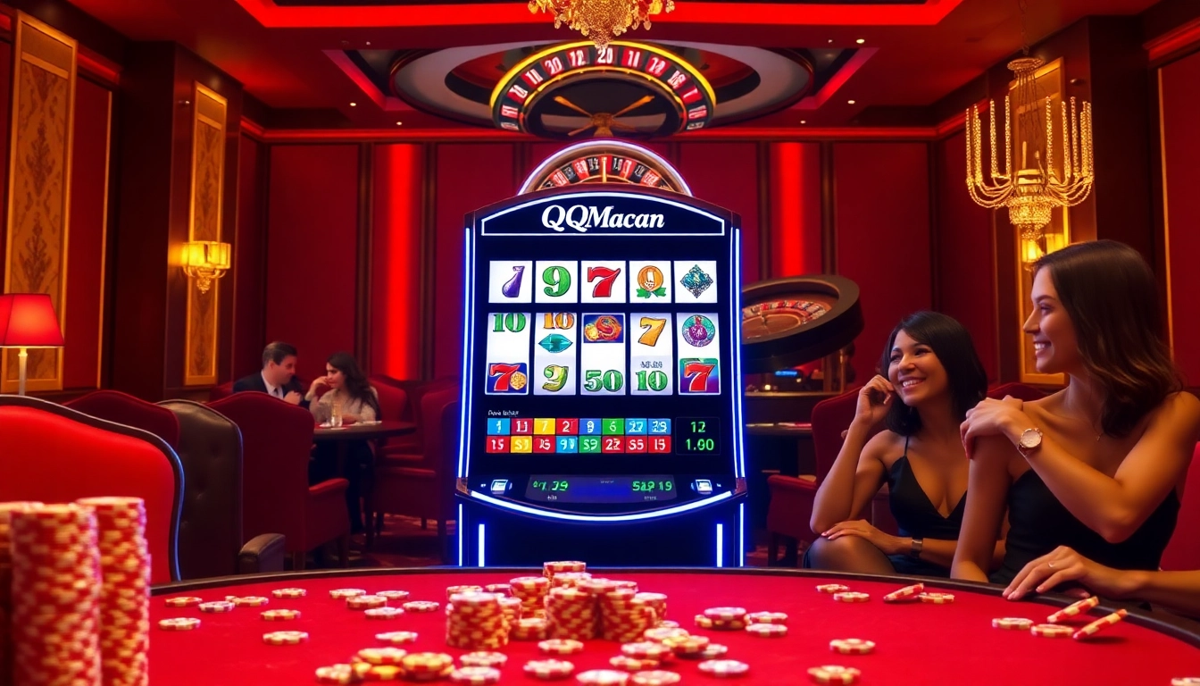 Playing QQMacan slot machine in a luxurious casino, surrounded by vibrant colors and excitement.