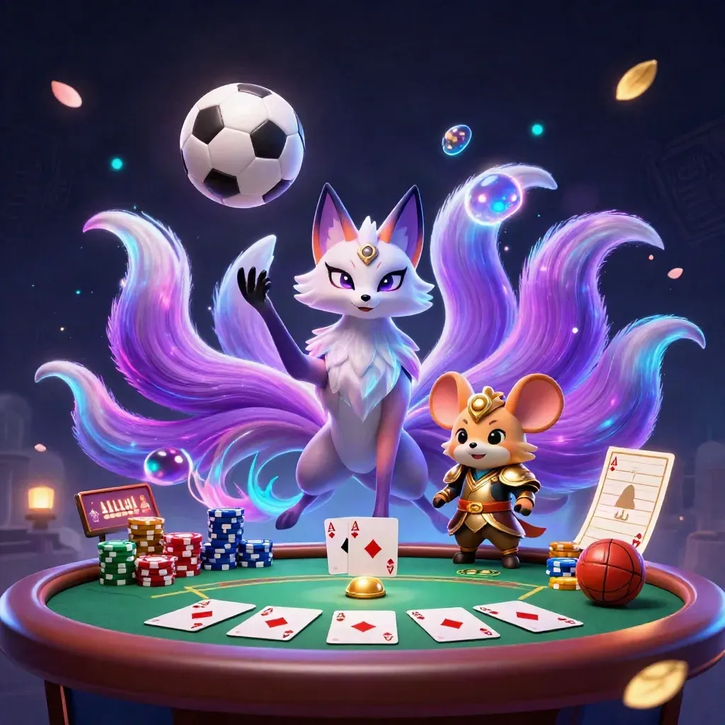 Fox spirit and samurai mouse amid casino chips, sports balls, and neon magic